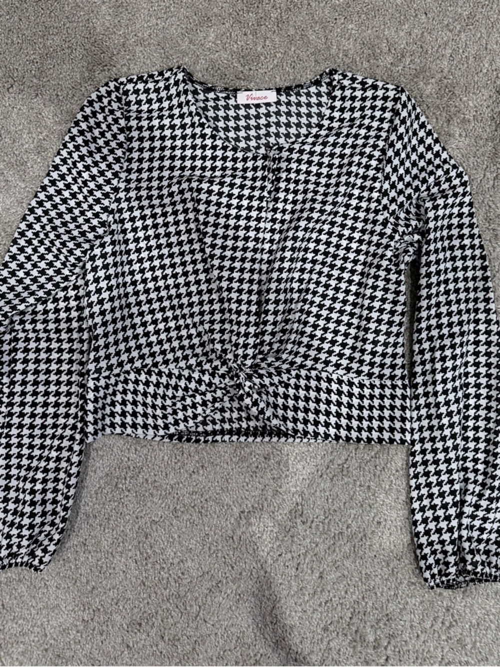 Venus Black and White Houndstooth Twist-Front Crop Top